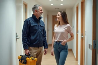 Électricien professionnel avec boîte à outils dans un couloir moderne