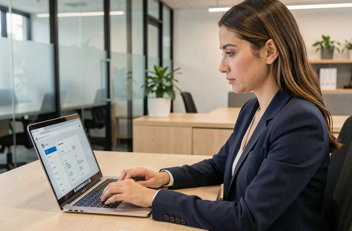 Employée Auchan connectée à son espace personnel RH hr4you sur un ordinateur portable dans un bureau professionnel