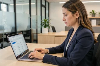 Employée Auchan connectée à son espace personnel RH hr4you sur un ordinateur portable dans un bureau professionnel