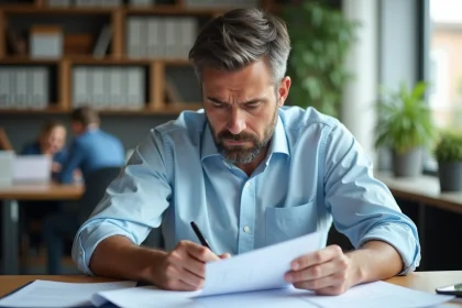 Employé de bureau consultant ses fiches de paie et notant ses heures supplémentaires sur son bureau en bois