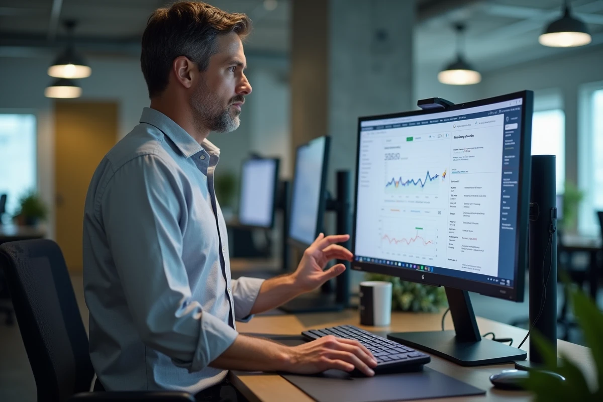 Employé Inetum naviguant sur le portail intranet depuis son poste de travail debout en open space