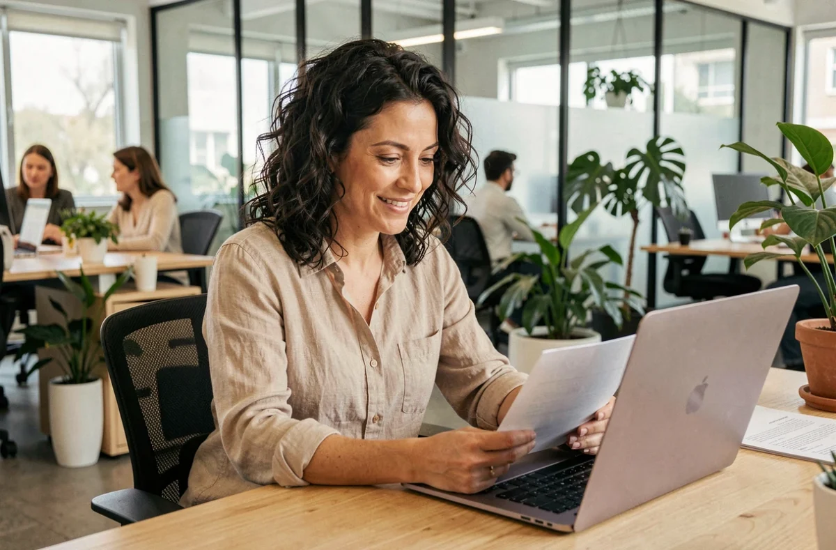 Employée Chronopost consultant les documents de subventions CSE pour ses vacances et loisirs au bureau
