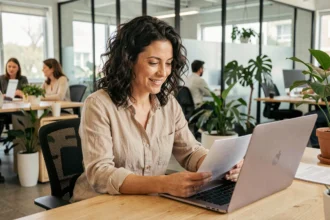 Employée Chronopost consultant les documents de subventions CSE pour ses vacances et loisirs au bureau