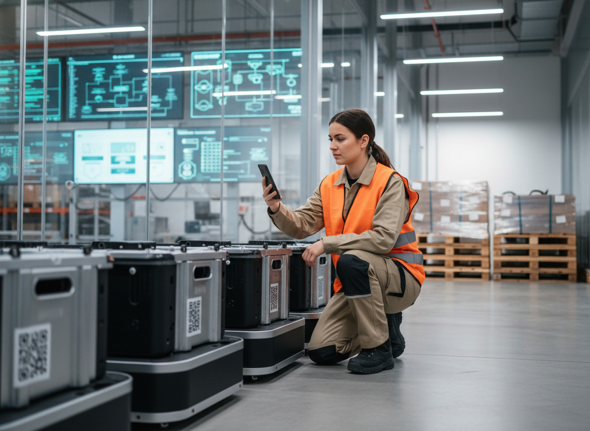 Ingénieure en logistique scannant un QR code sur un robot