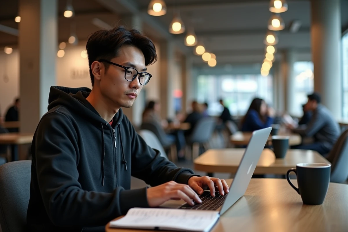 Jeune entrepreneur concentré travaillant sur son business model dans le café intérieur de Station F à Paris