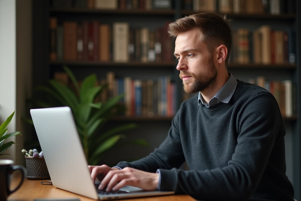 Entrepreneur consultant un secrétariat juridique en ligne depuis son bureau à domicile pour sécuriser ses décisions professionnelles