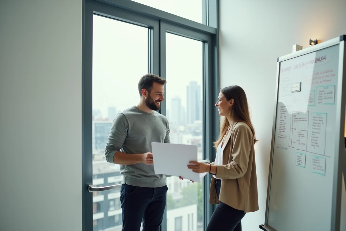 Deux jeunes entrepreneurs discutant d'un plan d'affaires devant une fenêtre avec vue sur la ville