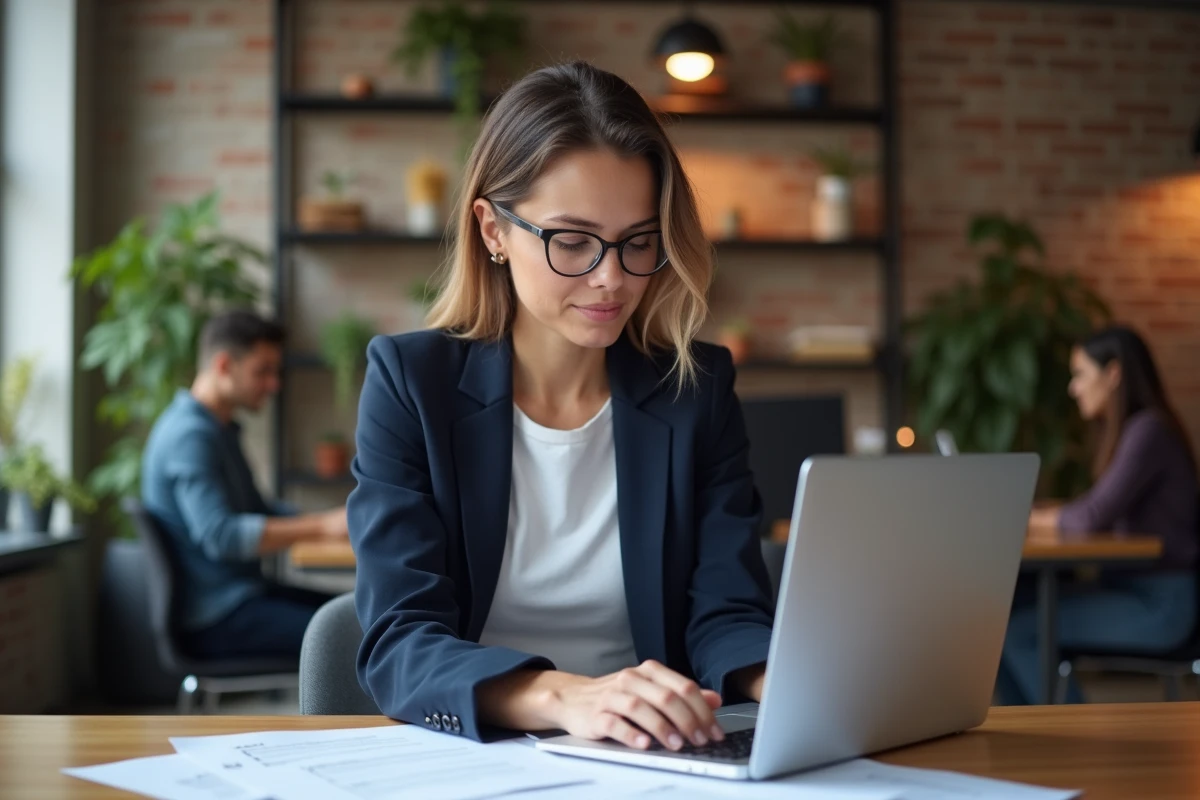 Entrepreneuse en blazer marine travaillant sur son projet de création d'entreprise dans un espace de coworking moderne