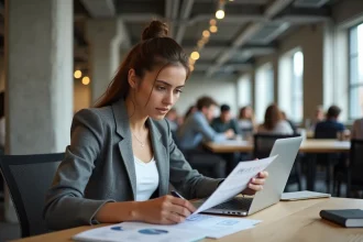 Jeune femme entrepreneureuse travaillant sur son projet de start-up à Station F Paris, avec documents et laptop sur un bureau en open space