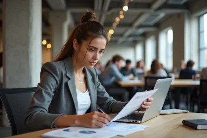 Jeune femme entrepreneureuse travaillant sur son projet de start-up à Station F Paris, avec documents et laptop sur un bureau en open space