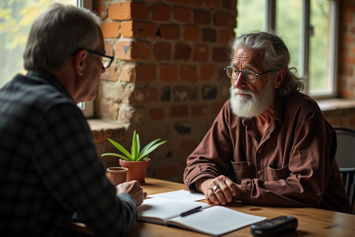 Anthropologue interviewant un ancien dans une salle intérieure