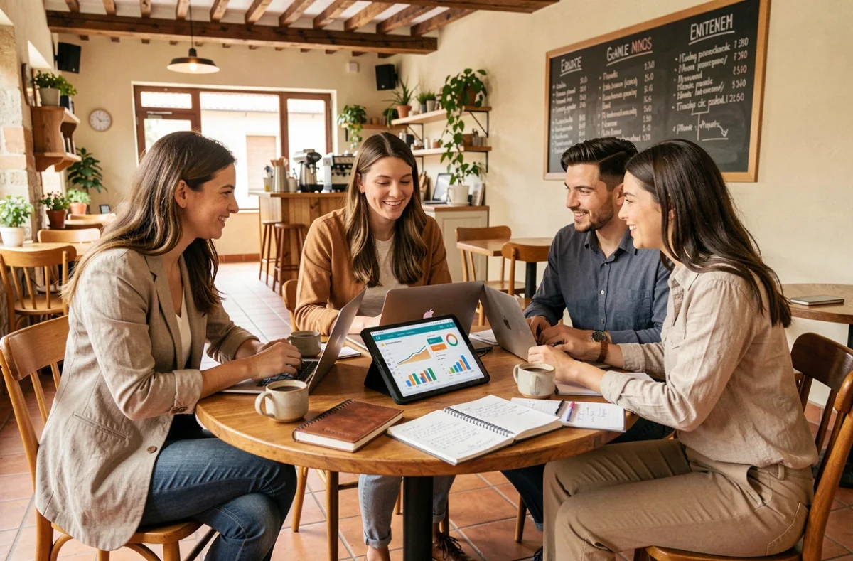 Équipe de jeunes entrepreneurs en session de brainstorming dans un café-espace de travail à Toulouse