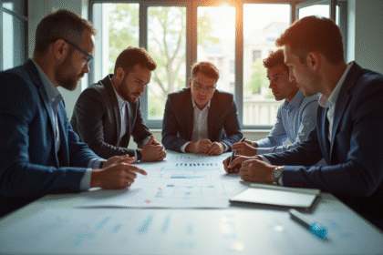 Equipe d'ingénieurs collaborant autour de plans techniques