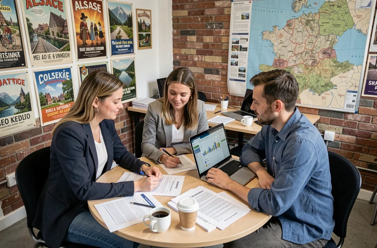 Équipe de professionnels analysant une stratégie de référencement local en Alsace dans un espace de coworking avec carte régionale