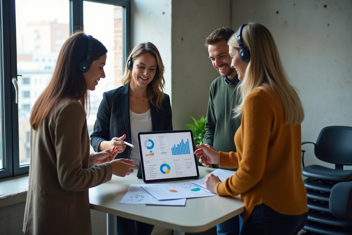 Équipe de support client analysant les performances d'un chat en direct avec des métriques de faible taux de réponse lors d'une réunion debout