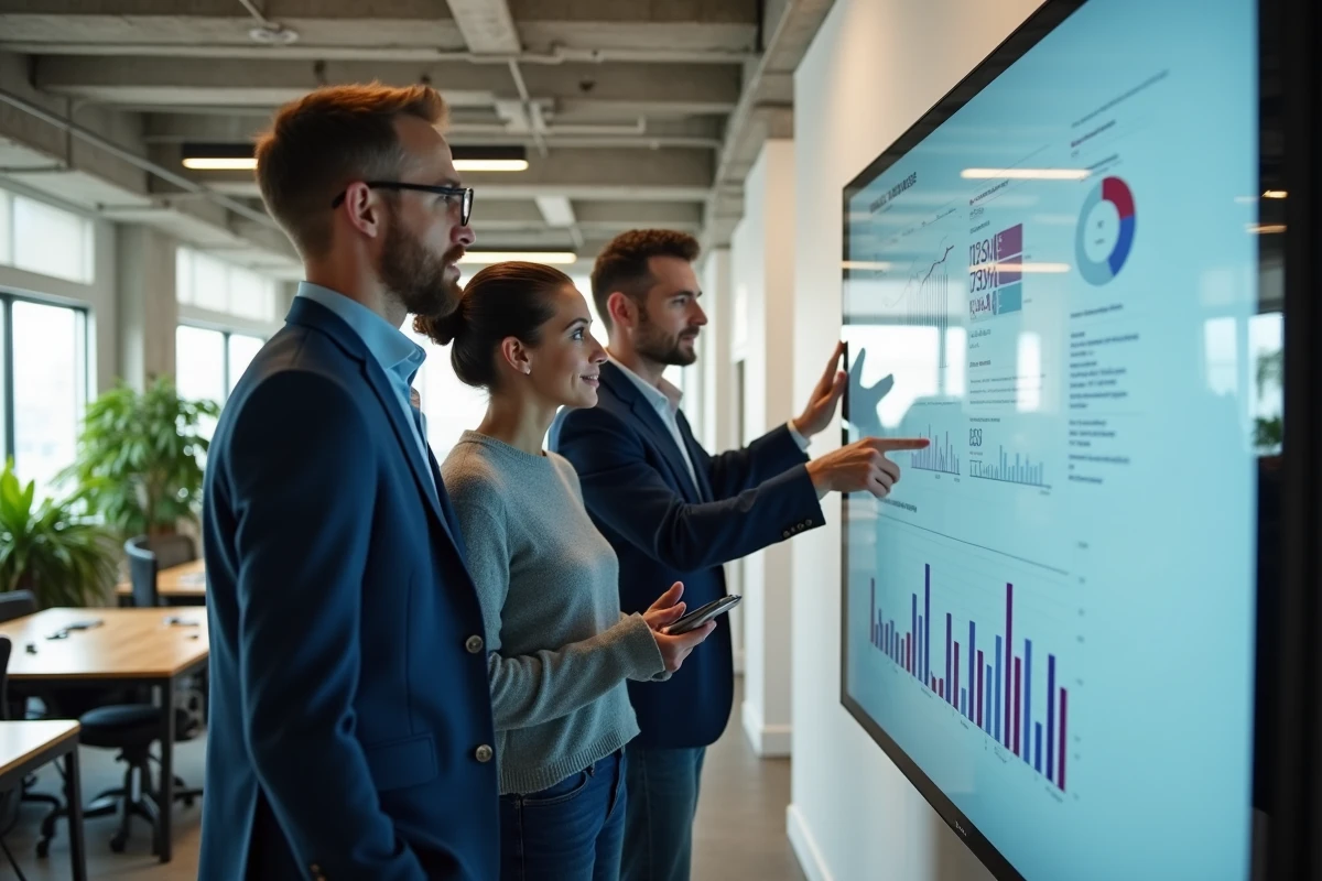Équipe de direction d'une entreprise tech analysant une feuille de route stratégique sur écran interactif dans un bureau moderne
