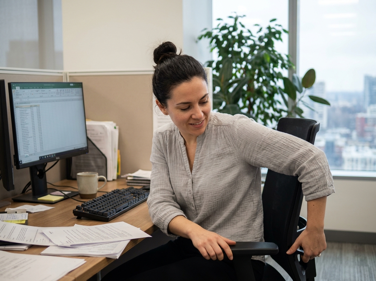 Femme ajustant la hauteur de sa chaise de bureau ergonomique dans un open space moderne pour prévenir les troubles musculo-squelettiques