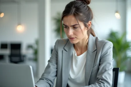 Femme professionnelle frustrée devant un écran de chat en ligne avec des messages sans réponse, illustrant les erreurs de déploiement de livechat