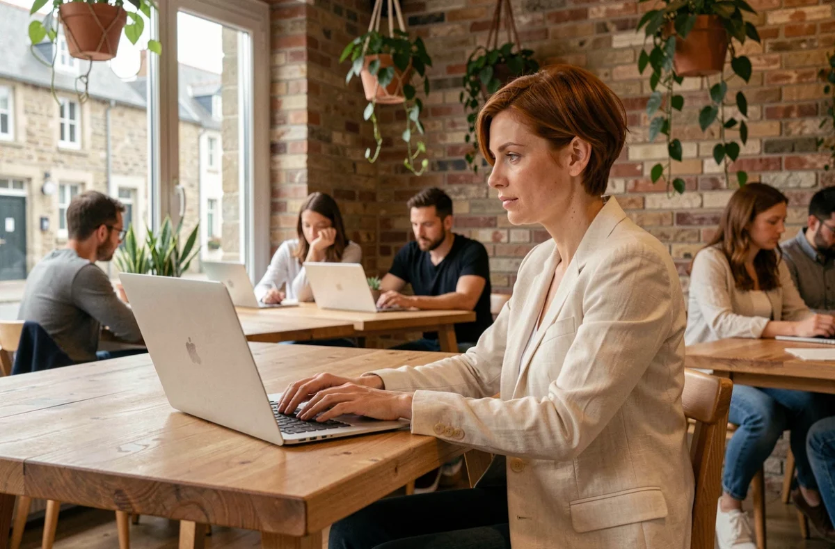 Femme travaillant dans un espace de coworking abordable à Vannes avec un décor en brique apparente et vue sur rue bretonne