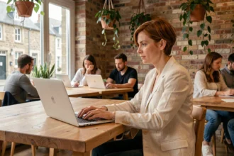 Femme travaillant dans un espace de coworking abordable à Vannes avec un décor en brique apparente et vue sur rue bretonne