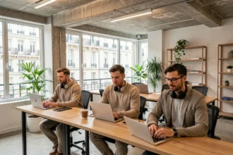 Espace de coworking moderne à Boulogne-Billancourt avec des professionnels travaillant sur leurs ordinateurs portables dans un open space lumineux proche de Paris