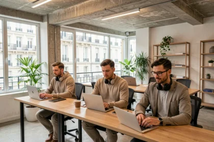 Espace de coworking moderne à Boulogne-Billancourt avec des professionnels travaillant sur leurs ordinateurs portables dans un open space lumineux proche de Paris