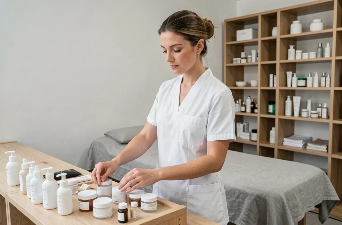 Esthéticienne professionnelle préparant son espace de travail dans un beauty coworking moderne à Rennes
