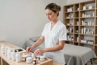 Esthéticienne professionnelle préparant son espace de travail dans un beauty coworking moderne à Rennes