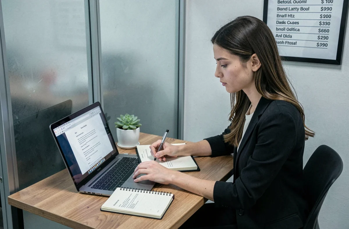 Esthéticienne indépendante consultant un contrat de location d'espace dans un coworking beauté à Rennes