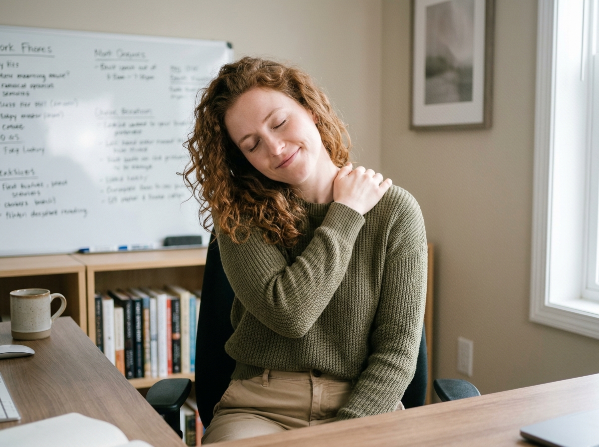 Femme réalisant des étirements cervicaux et des épaules à son bureau pour prévenir les troubles musculo-squelettiques au travail