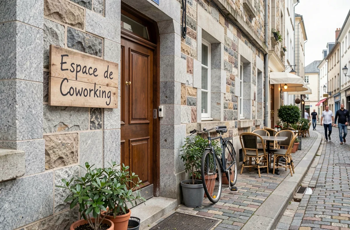 Entrée extérieure d'un espace de coworking abordable dans le centre historique de Vannes avec façade en pierre bretonne