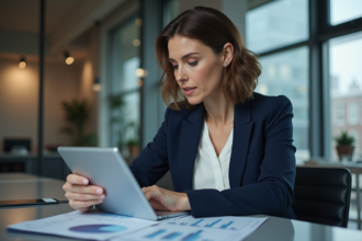 Femme d'affaires en blazer bleu analysant des graphiques sur tablette