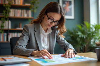Femme d'affaires arrangeant des flyers colorés au bureau