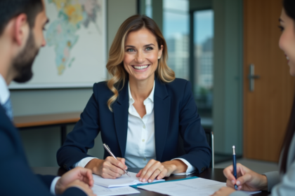 Femme d'affaires en réunion avec sourire engageant