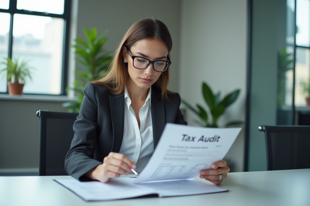Femme professionnelle examinant un dossier fiscal au bureau