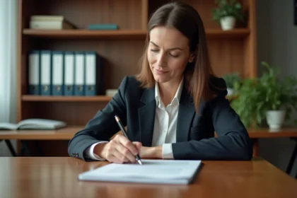 Femme d'affaires en costume signe des documents