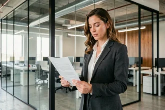 Femme d'affaires analysant un contrat de location de bureau dans un espace de travail moderne en open space