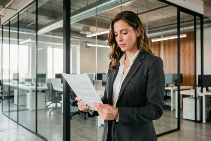 Femme d'affaires analysant un contrat de location de bureau dans un espace de travail moderne en open space