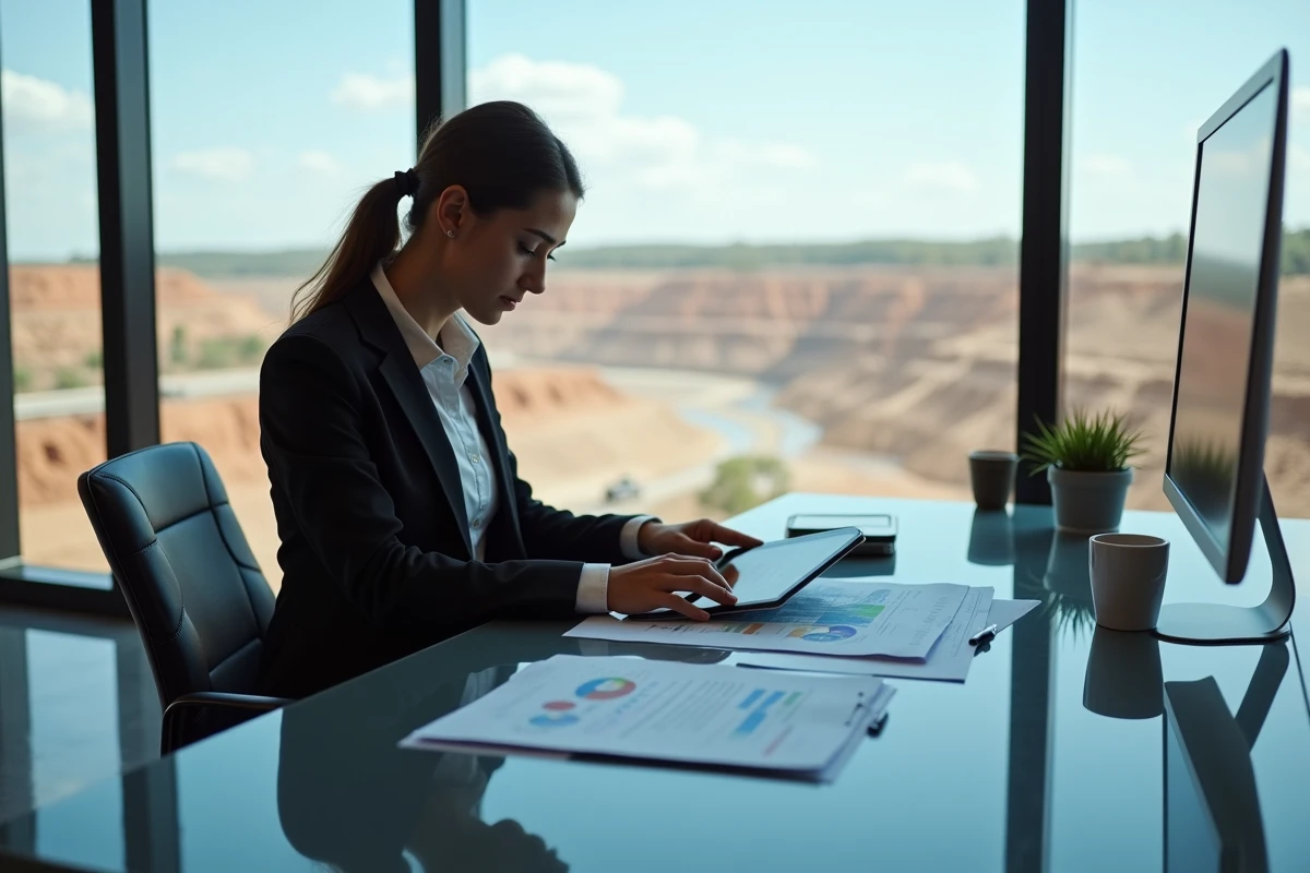 Jeune femme d affaires analysant des cartes minières en bureau