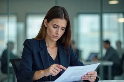 Femme en blazer marine examinant un brochure produit avec mention visuel non contractuel dans un bureau moderne