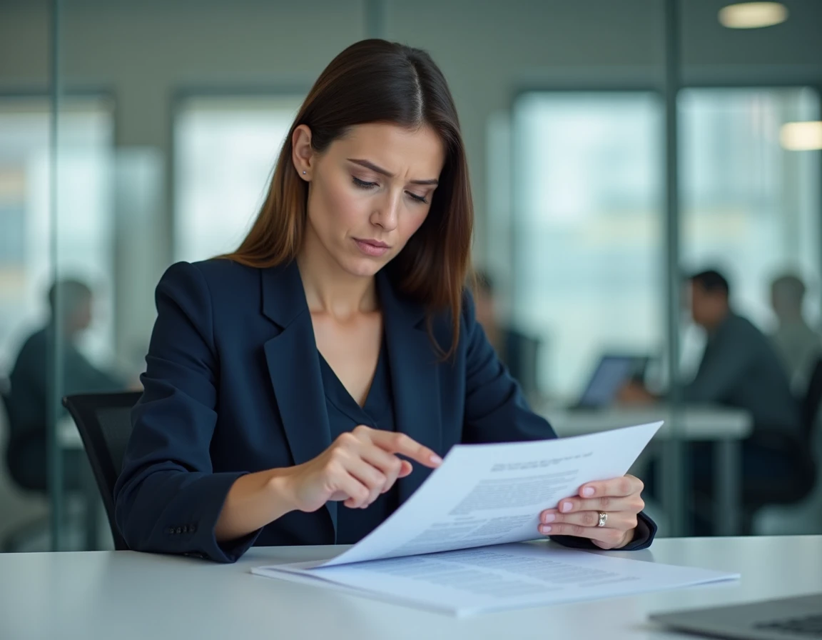 Femme en blazer marine examinant un brochure produit avec mention visuel non contractuel dans un bureau moderne