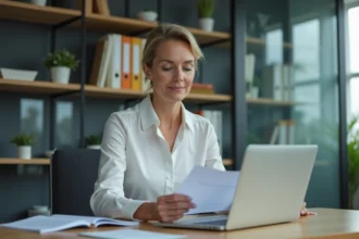 Femme d'âge moyen en tenue professionnelle concentrée au bureau