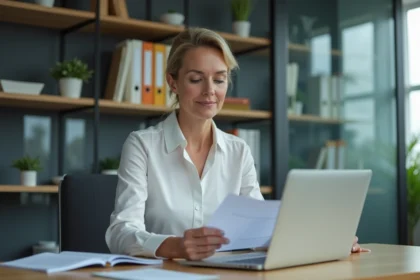 Femme d'âge moyen en tenue professionnelle concentrée au bureau