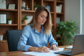 Femme lisant un contrat dans son bureau à domicile