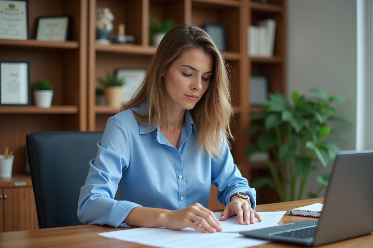 Femme lisant un contrat dans son bureau à domicile