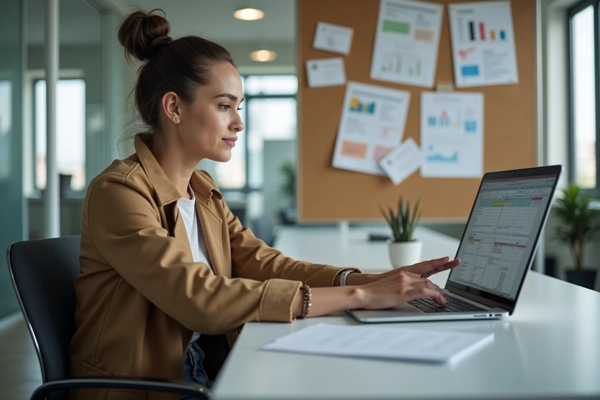 Femme en trench discutant avec un collègue dans un bureau lumineux