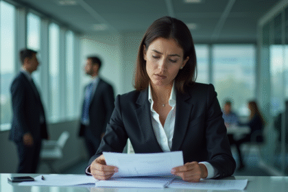 Femme en bureau moderne examinant des documents