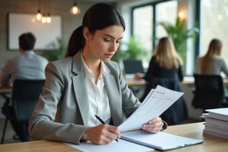 Femme en blazer gris vérifiant une feuille de suivi des heures de travail dans un bureau moderne