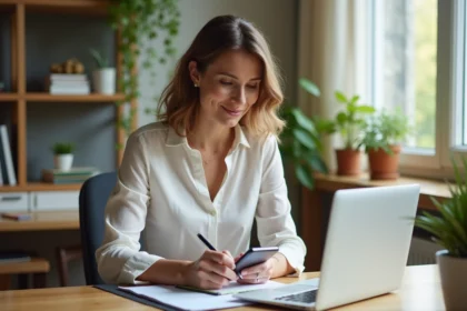 Femme assise à un bureau moderne en train de prendre des notes