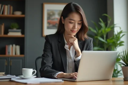 Jeune femme professionnelle travaillant sur son ordinateur dans un bureau moderne
